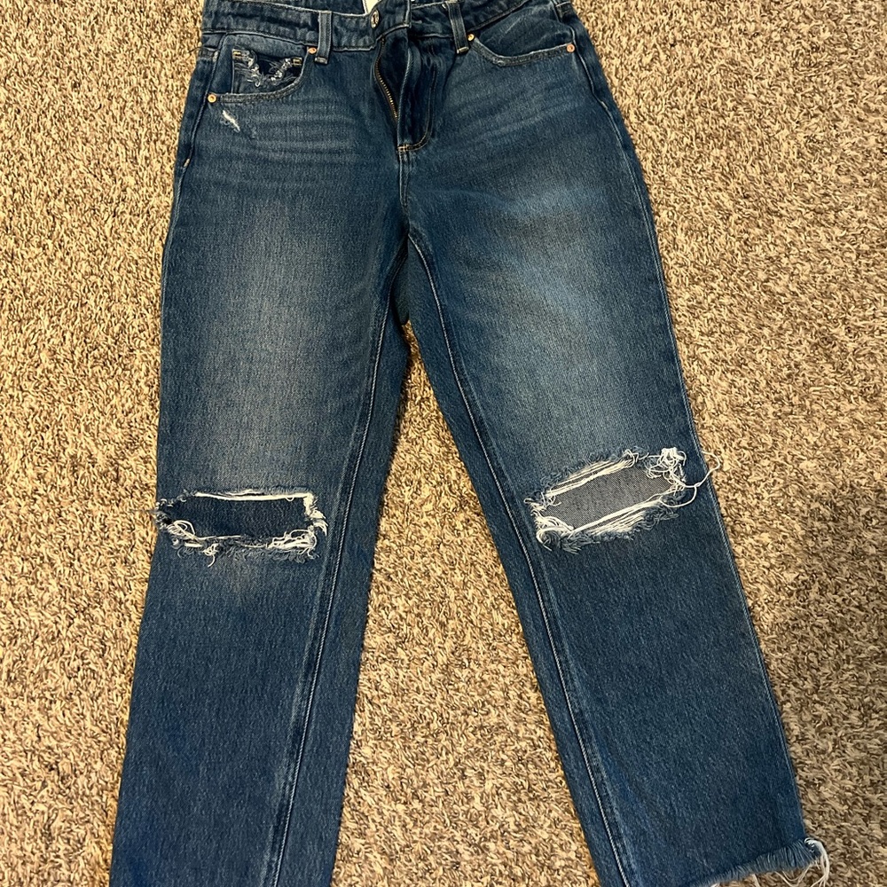 PAIGE Blue Straight Leg Jeans with Distressed Details